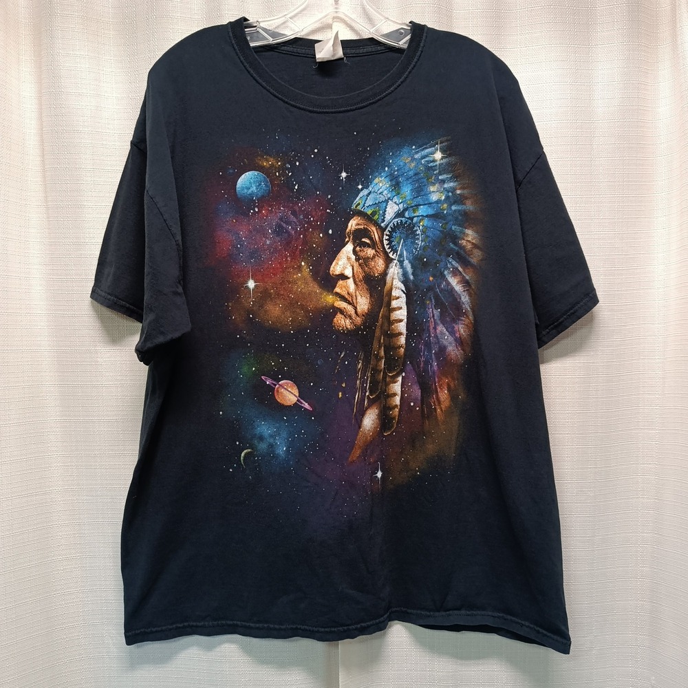 Native American Chief Space Galaxy Stars Graphic T-Shirt Black Adult L Y2K Vtg